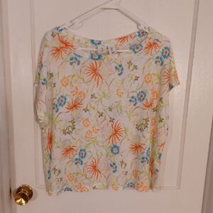 Joie Floral Print Blouse - White, Orange, Blue 100 Percent Linen